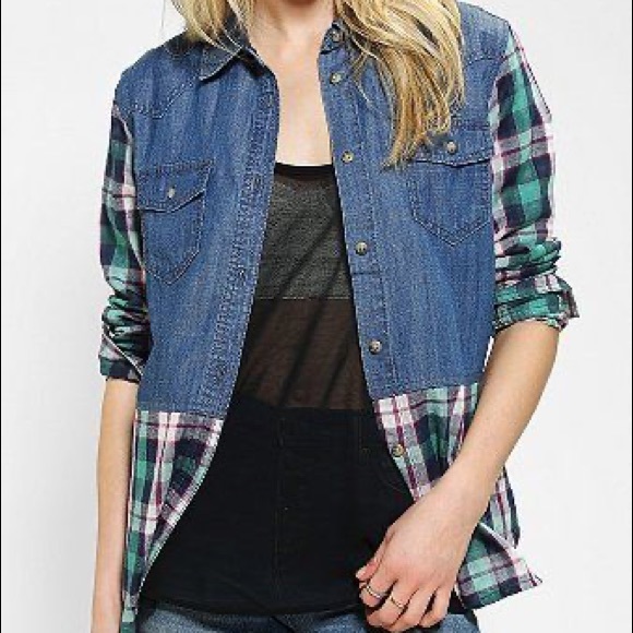 BDG plaid chambray button up shirt - Picture 1 of 5